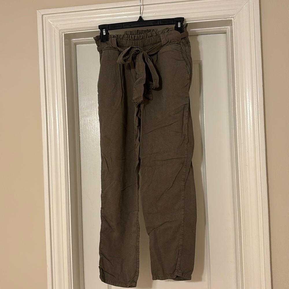 Army green pants, wrap tie, size M